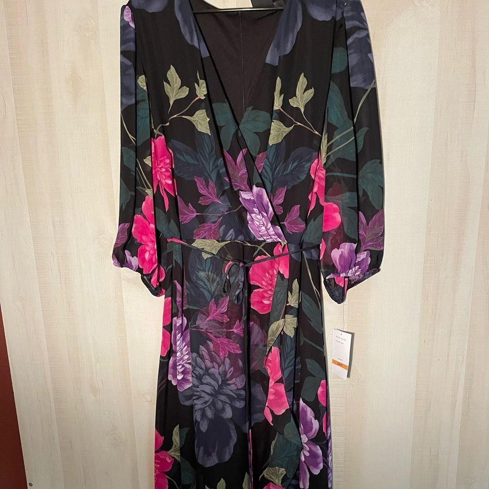 Maison Tara black pink floral faux wrap maxi dress 24W PLUS Fall Winter Holiday